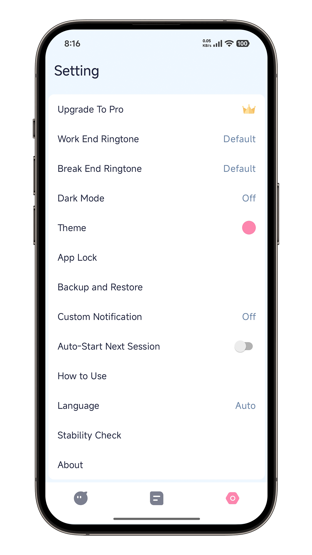 Settings screen