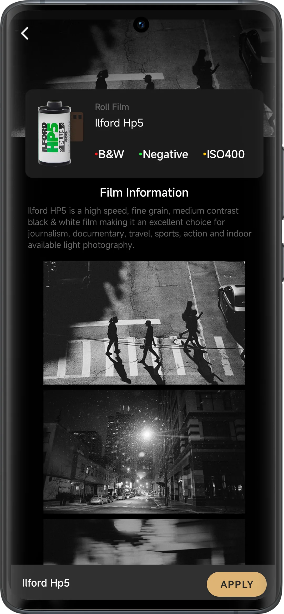 Ilford HP5 film detail screen